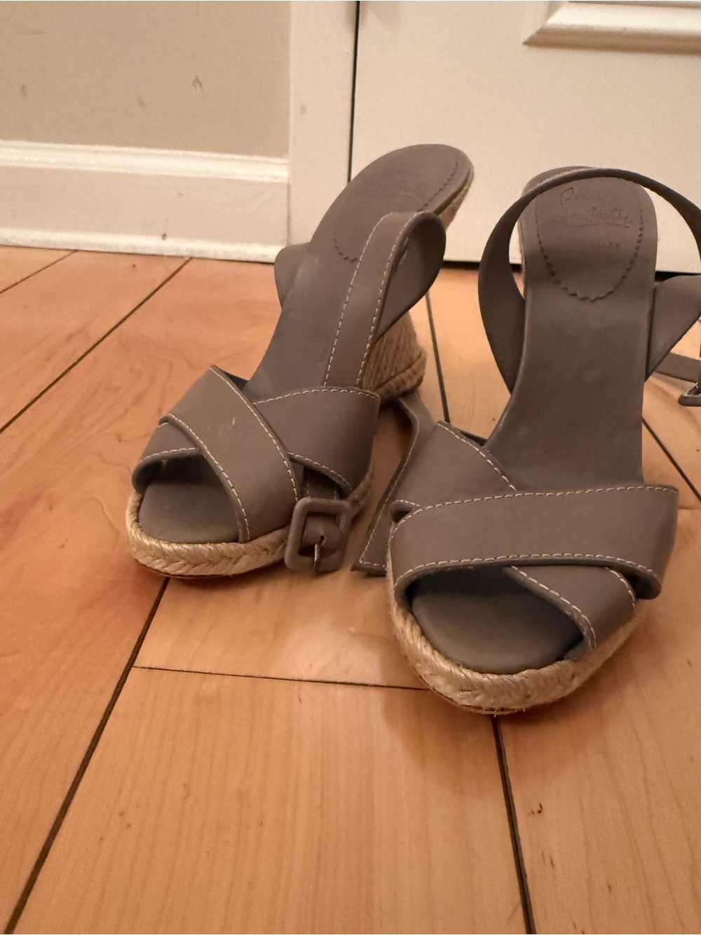 Christian Louboutin Taupe Leather Espadrille Wedge Sandals